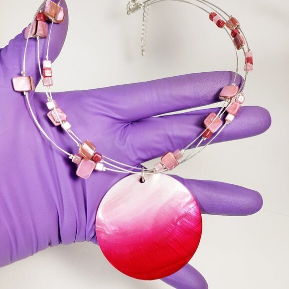 Seashell Pink Beaded Necklace with Pendant: Silver Tone Layered Illusion - Picture 1 of 6